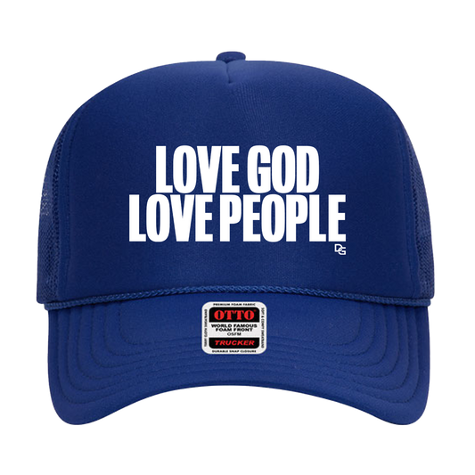 Love God Love People Blue Trucker Hat