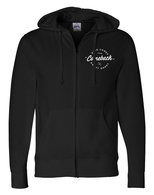 Here comes the comeback circle chest design zip hoodie white writing front product shot Danny Gokey