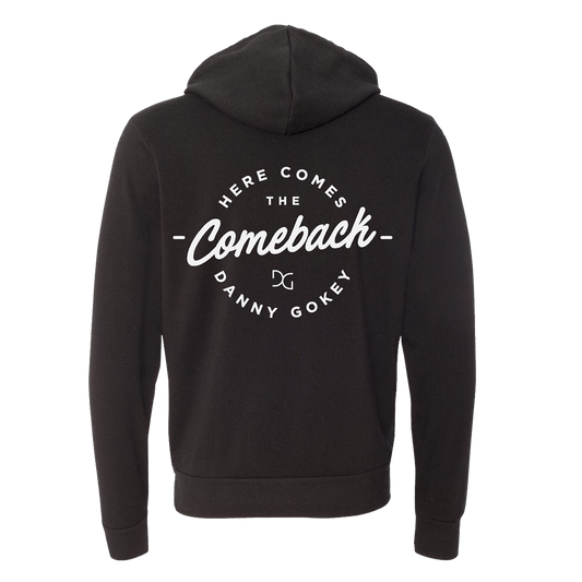 Here comes the comeback circle design zip hoodie white writing back product shot Danny Gokey