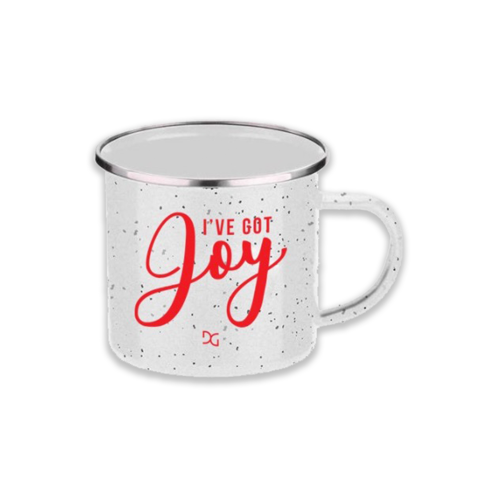 I've got joy DG white speckled, red writing, silver rim, 15 oz coffee mug product shot Danny Gokey