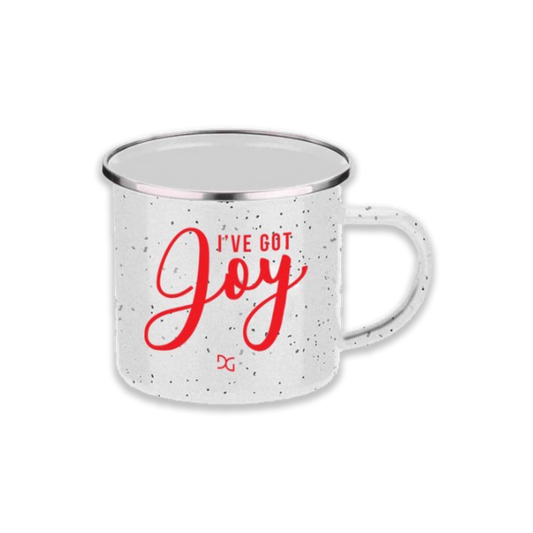 I've got joy DG white speckled, red writing, silver rim, 15 oz coffee mug product shot Danny Gokey