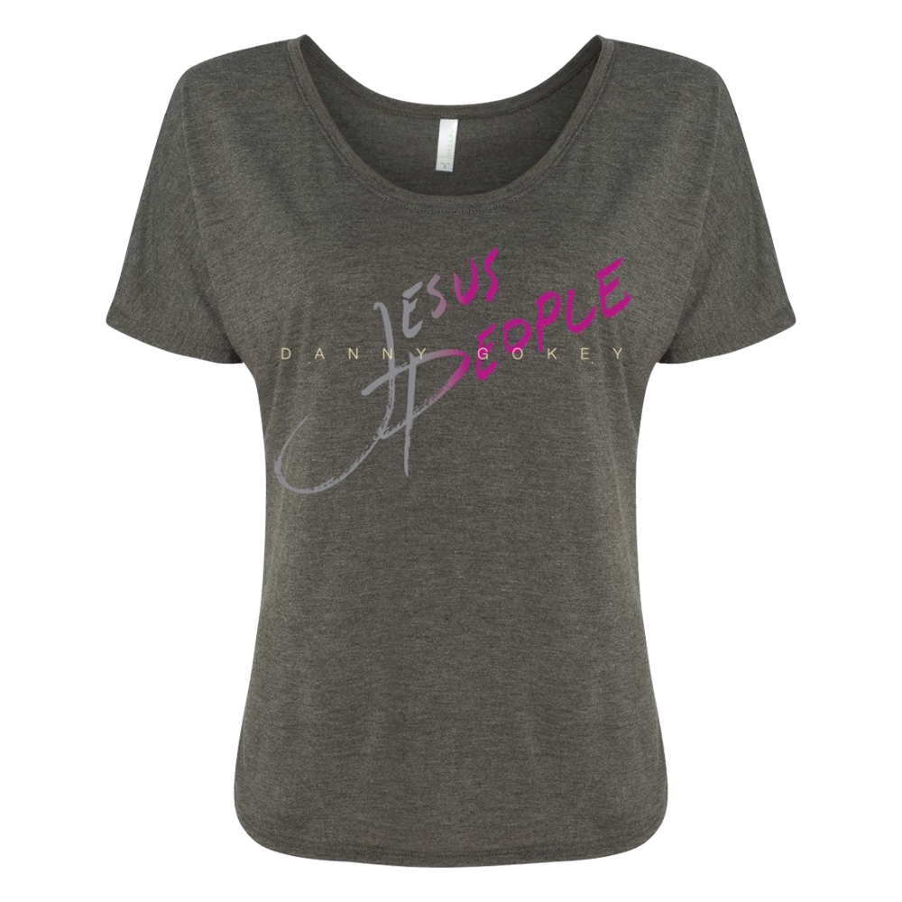 Jesus People blue and purple ombre writing dark heather grey ladies scoop neck tee product shot Danny Gokey