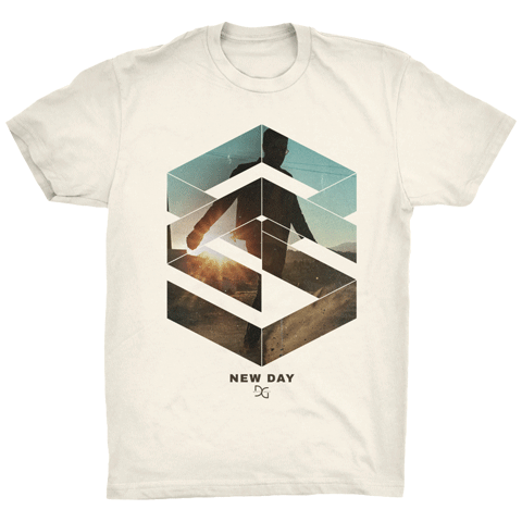 New day sunset cube cut out design white tee product shot Danny Gokey
