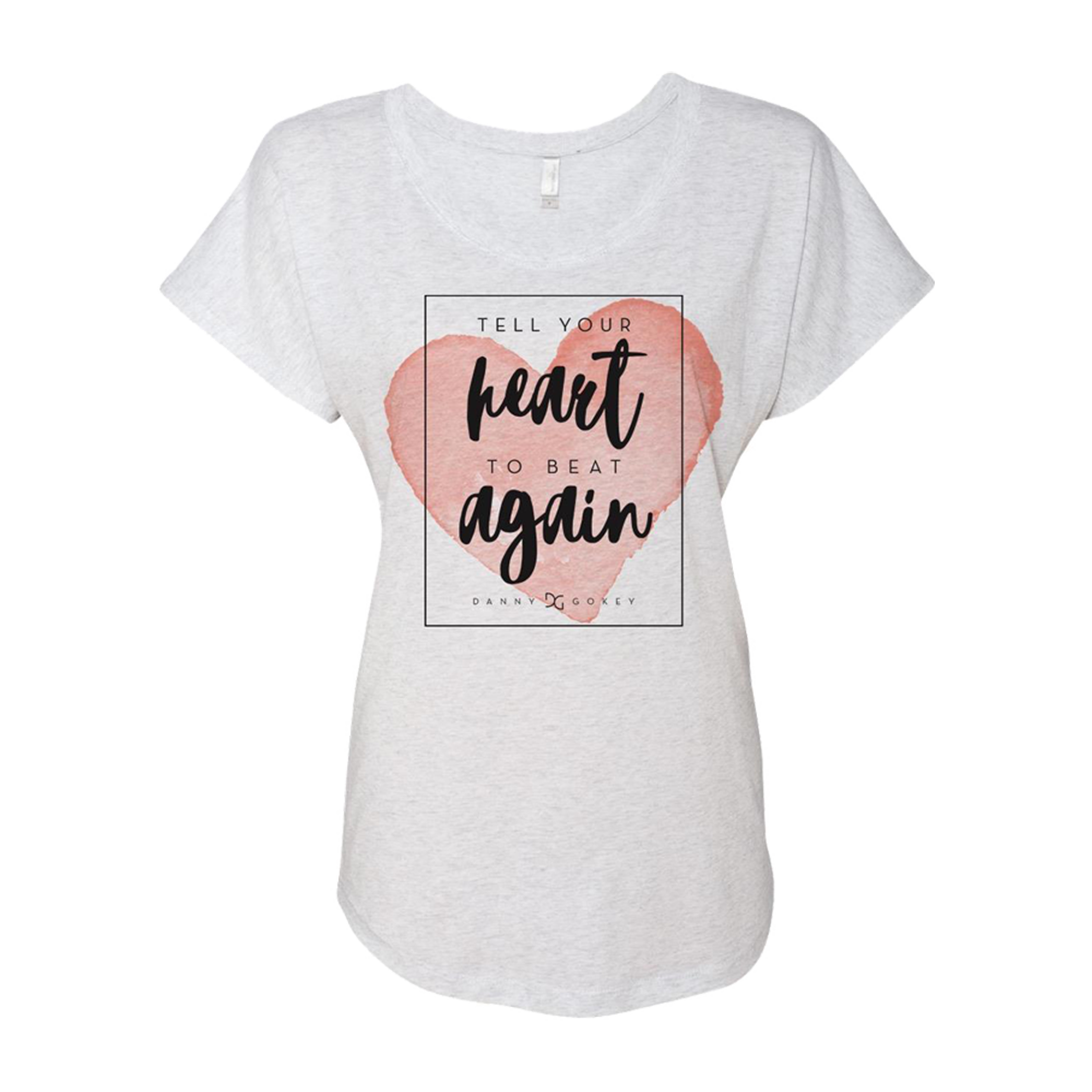 Tell your heart to beat again black cursive pink heart design light grey white ladies flow fit tee product shot Danny Gokey