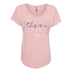 This is a new day pink cursive design desert pink triblend ladies dolman tee product shot Danny Gokey