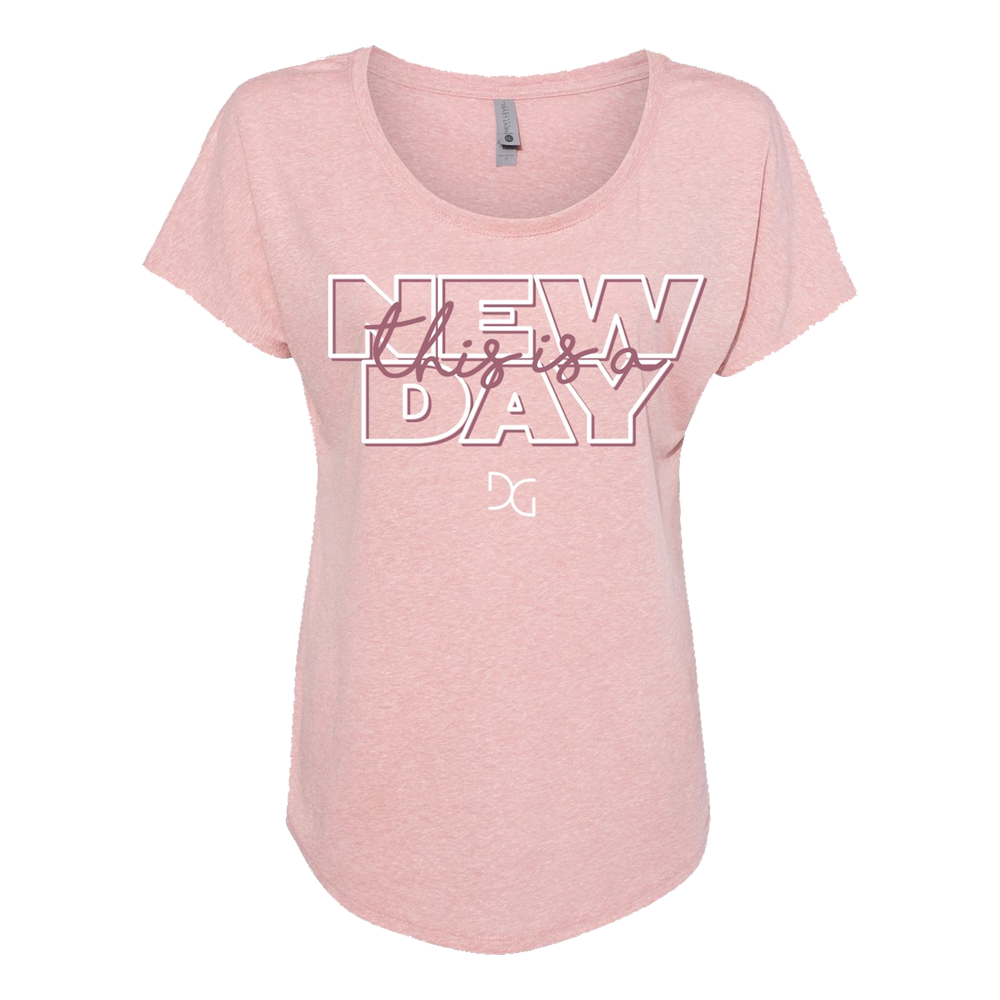 This is a new day pink cursive design desert pink triblend ladies dolman tee product shot Danny Gokey