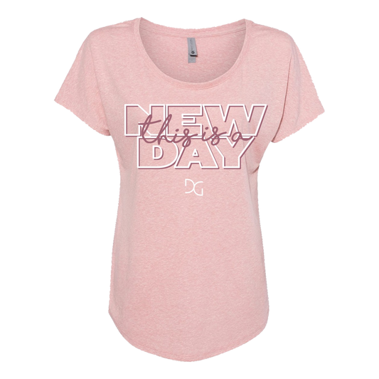This is a new day pink cursive design desert pink triblend ladies dolman tee product shot Danny Gokey