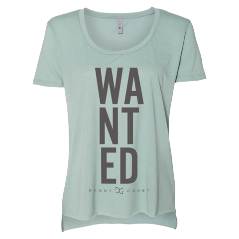 Wanted grey writing design mint ladies tee product shot Danny Gokey